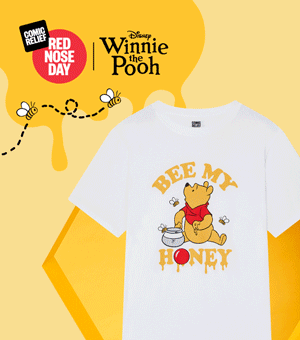 A GIF showing t-shirts and totes featuring designs from Winnie the Pooh. 