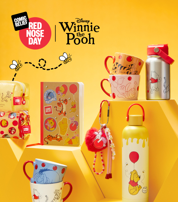Our Red Nose Day range including water bottles, mugs, pouches and notebooks featuring Disney Winnie the Pooh.