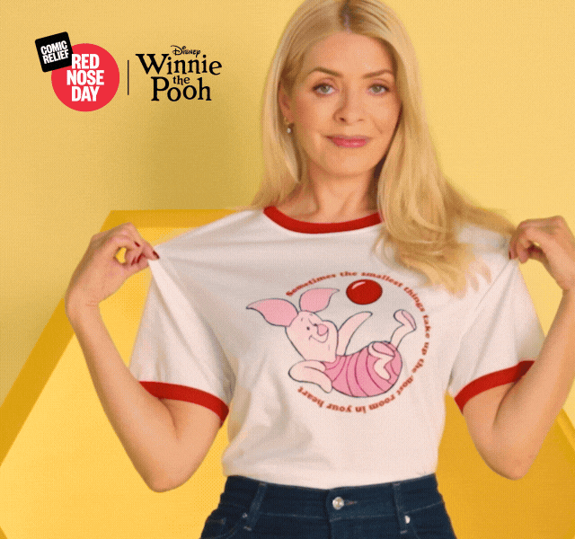 Disney Winnie the Pooh characters sit in honeycomb sections alongside Red Nose Day merchandise.