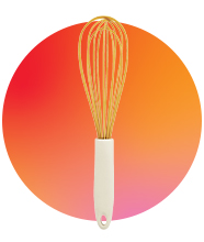 A whisk with a neutral handle. 